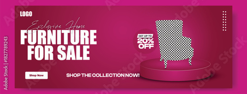 Elegant red armchair displayed on a pedestal with a 20 percent off sale announcement for furniture