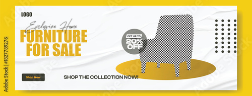 Elegant tall upholstered armchair displayed on a yellow rug with a furniture sale advertisement and 20 percent off discount