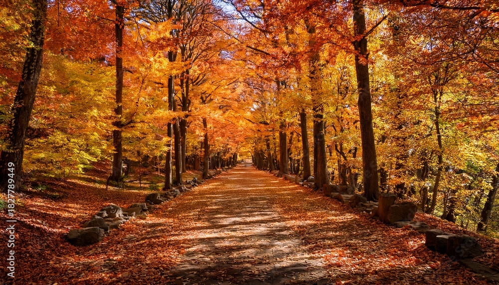 Fototapeta premium Serene Autumn Forest Pathway Lined With Vibrant Orange And Yellow Trees