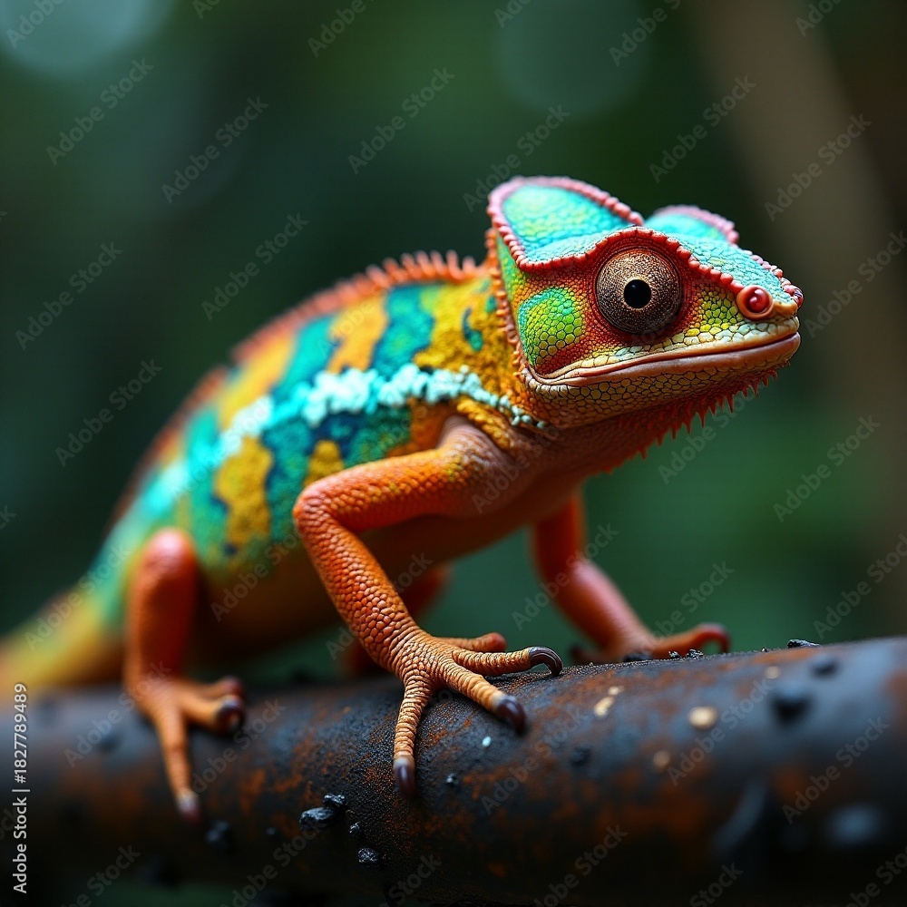 Fototapeta premium Rainbow chameleon perches on a rusty branch in Jungle Generative AI