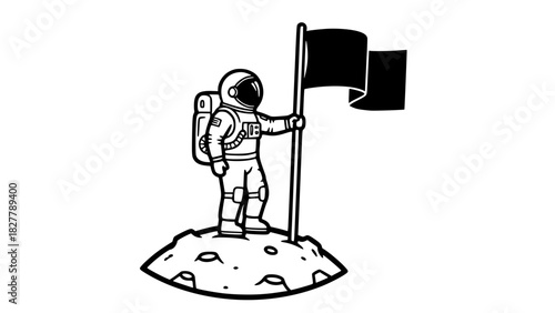 Vector line art of an astronaut standing on a small moon surface holding a flag, black and white, isolated, bold outlines, minimalist design
