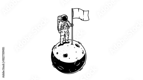 Vector line art of an astronaut standing on a small moon surface holding a flag, black and white, isolated, bold outlines, minimalist design