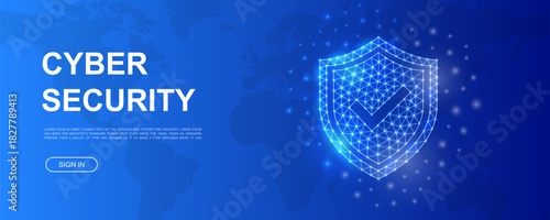 Shield with check mark polygonal horizontal banner. Antivirus low poly symbol for promotion banner. Internet safety design template illustration.