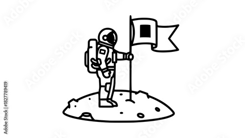 Vector line art of an astronaut standing on a small moon surface holding a flag, black and white, isolated, bold outlines, minimalist design