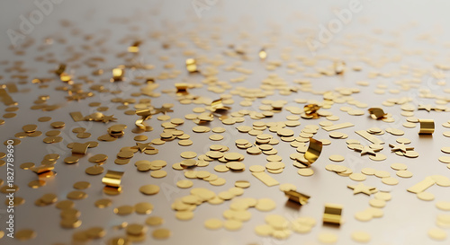 A scattered array of gold confetti shapes on a reflective surface creating a festive scene view