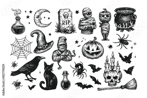Detailed black-and-white Halloween vector icon set in vintage engraving style, ideal for spooky prints, seasonal decorations, party graphics, and themed illustration projects.
