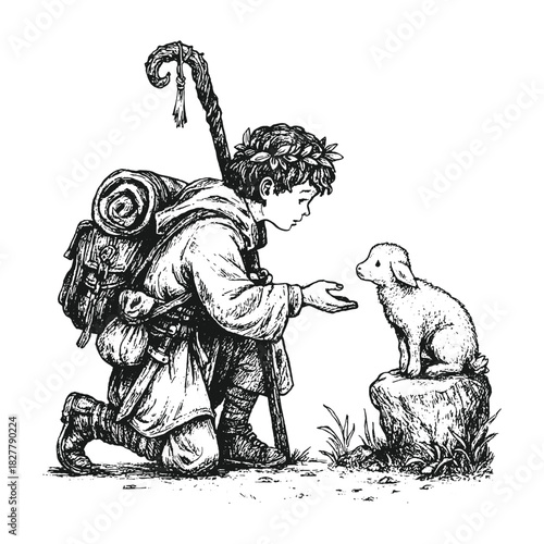 Heartwarming black-and-white hand-drawn wanderer boy and small animal vector in classic storybook style, ideal for narrative illustrations, fantasy prints, and character-focused designs.