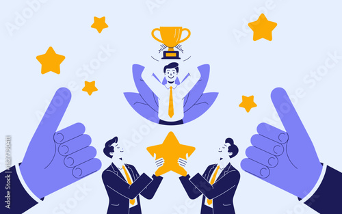 An energetic illustration depicting a joyful individual celebrating achievement surrounded by stars and a trophy, symbolizing success and recognition in personal or professional pursuits.
