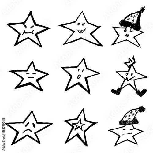 Hand drawn cartoon stars with expressive faces. Vector whimsical doodles for educational materials, emotion charts or playful decor