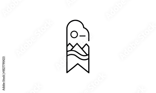 Minimalist Nature Landscape Line Icon in Vertical Banner Shape, Outline Vector Symbol of Mountains, Water, and Sun for Travel or Adventure, Abstract Bookmark Icon with Scenic Natural View, 