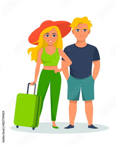 Illustration of a stylish young couple, one with a suitcase and bright clothes, ready for an adventure. Perfect for travel-related content and young adult marketing.