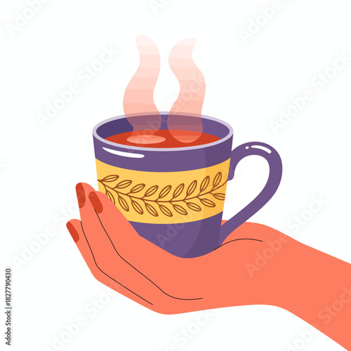 A vibrant, steaming cup of tea held gracefully in a hand, showcasing cozy vibes and warmth, perfect for evoking feelings of relaxation and comfort during chilly days.