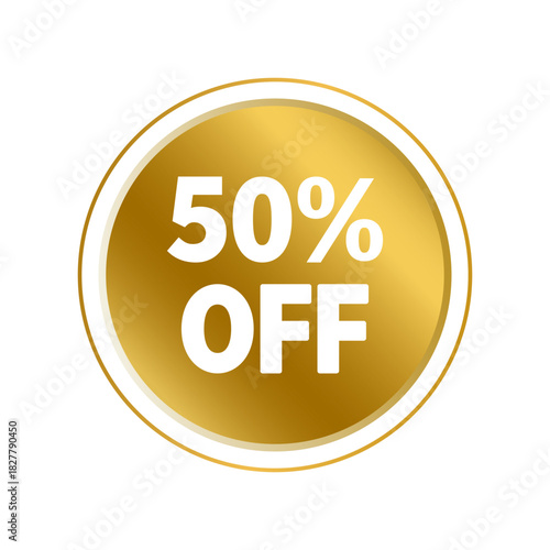 Elegant golden round badge with the text “50% OFF” in bold white letters. Discount label, premium sale sticker for marketing, promotions, seasonal offers, Black Friday, and holiday sales.