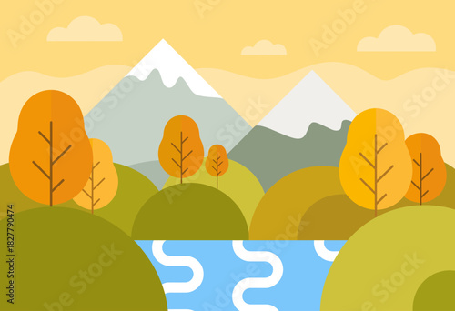 This minimalist illustration depicts an autumn landscape featuring soft colors, gentle hills, and calm waters, evoking feelings of peace and tranquility throughout.