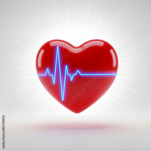 Red heart with blue neon ekg pulse line