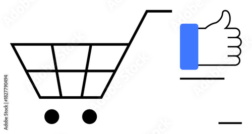 E-commerce concept. E-commerce highlighted through a shopping cart and thumbs-up symbol. E-commerce displaying customer satisfaction and ease of online shopping. For retail, digital platforms