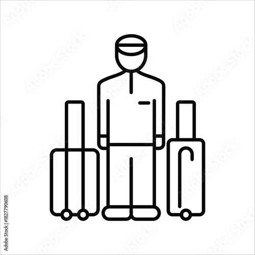 Line art illustration of a professional bellboy or luggage porter standing with two wheeled suitcases, symbolizing dedicated hospitality service and efficient travel assistance for guests