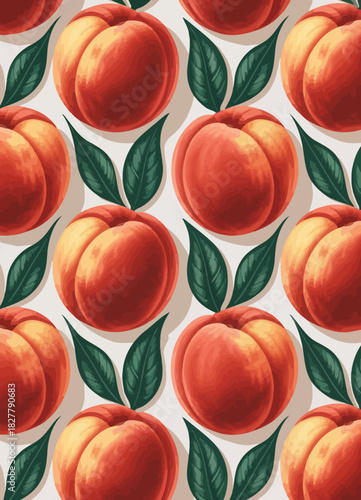 A vibrant pattern featuring luscious peaches adorned with green leaves, evoking feelings of freshness, summer, and natural sweetness in a bold design.