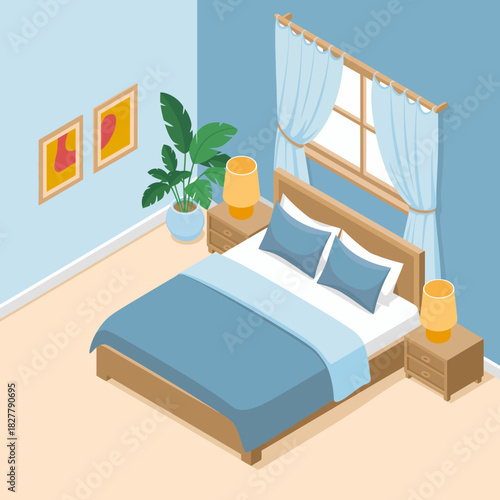 An inviting bedroom designed in soothing colors, featuring soft bedding and stylish decor, creating a perfect sanctuary for relaxation and restful sleep.