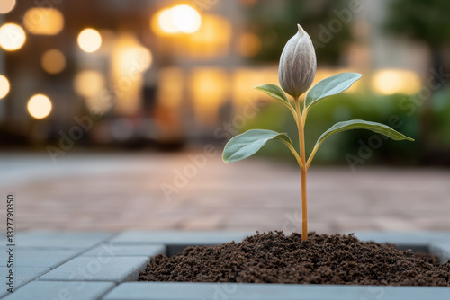 Fototapeta Naklejka Na Ścianę i Meble -  Young green seedling with a closed flower bud emerges from a small patch of rich soil within grey pavement blocks, symbolizing growth, new beginnings, and hope in a modern urban landscape