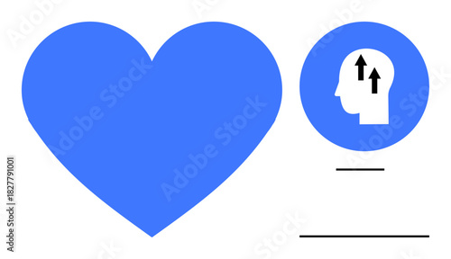 Mind growth concept. Blue head icon with upward arrows growth and learning. Paired with a heart emotions and balance. For psychology, education, wellness branding, and motivation