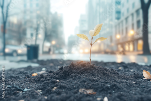 Fototapeta Naklejka Na Ścianę i Meble -  Young sprout with yellow leaves emerging from dark soil, symbolizing new life and hope amidst a blurred city street background with buildings and faint lights