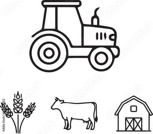 Farm and Agriculture Icon Set – Tractor, Wheat, Cow & Barn Outline Vector