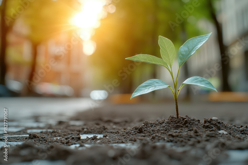 Fototapeta Naklejka Na Ścianę i Meble -  Sapling emerging from rich soil on an urban street, bathed in warm sunlight, symbolizing hope, new life, growth, and environmental renewal in a city landscape