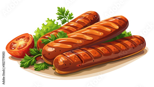 Very beautiful semi-realistic vector illustration of grilled pork sausages, showing perfectly cooked, golden-brown sausages with detailed texture, separated individually on a clean white background fo