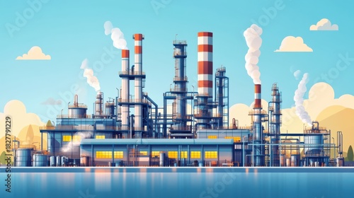 Constructing an oil refinery industrial site illustration urban environment aerial view chemical engineering concept