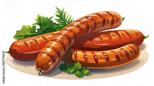 Very beautiful semi-realistic vector illustration of grilled pork sausages, showing perfectly cooked, golden-brown sausages with detailed texture, separated individually on a clean white background fo