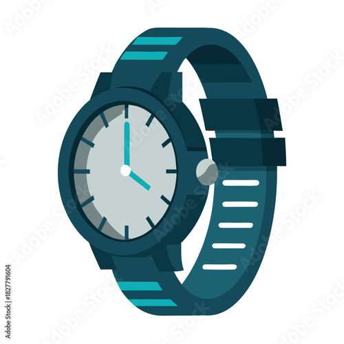 Vector illustration of wrist watch in full length with green bracelet. Detailed side view modern style.Suitable for icons, product mockups, elements,emblem, banner, label. Isolated on white background