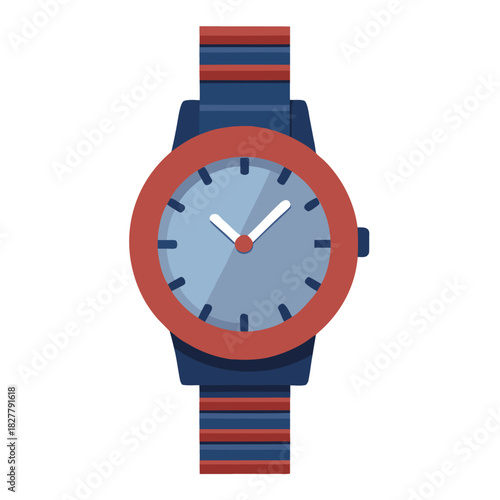 Vector illustration of wrist watch with red and blue bracelet. Detailed front view modern style. Suitable for icons, product mockups, elements,emblem, banner, label and print. Isolated on white