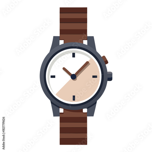 Vector illustration of wrist watch with brown bracelet. Detailed front view modern style. Suitable for icons, product mockups, elements,emblem, banner, label and print. Isolated on white