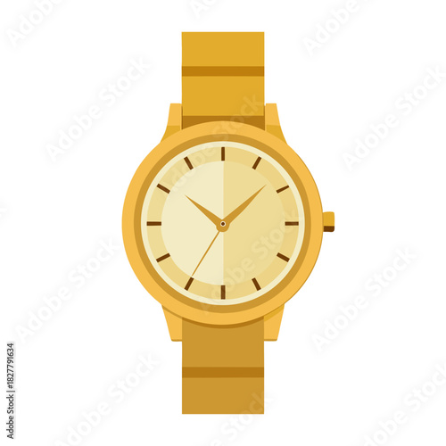 Vector illustration of wrist watch with gold bracelet. Detailed front view modern style. Suitable for icons, product mockups, elements,emblem, banner, label. Isolated on white background