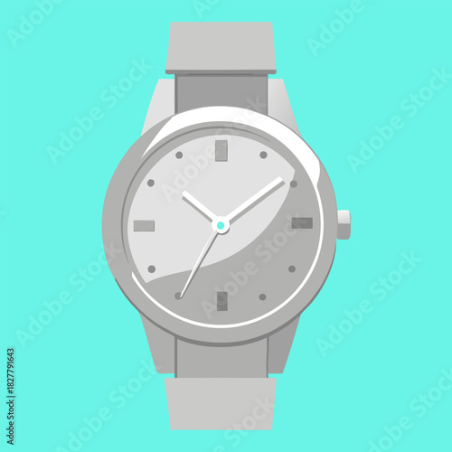 Vector illustration of wrist watch with silver bracelet. Detailed front view modern style. Suitable for icons, product mockups ,emblem, banner, label . Isolated on turquoise background