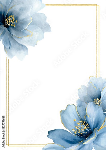 Watercolor blue flower with golden outline frame. Floral corner decoration for wedding invitation card, birthday greeting or baby shower celebration.