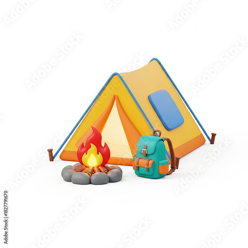 Cozy camping scene with tent backpack and campfire