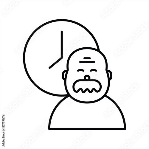 Concept of aging and time passing, represented by a senior man with a clock in a minimalist line art style, illustrating the progression of life and retirement planning