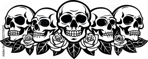 Gothic skull heads floral roses tattoo design vector