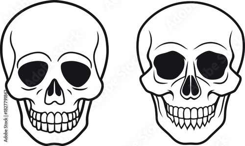 Two human skull outline illustration set tattoo vector