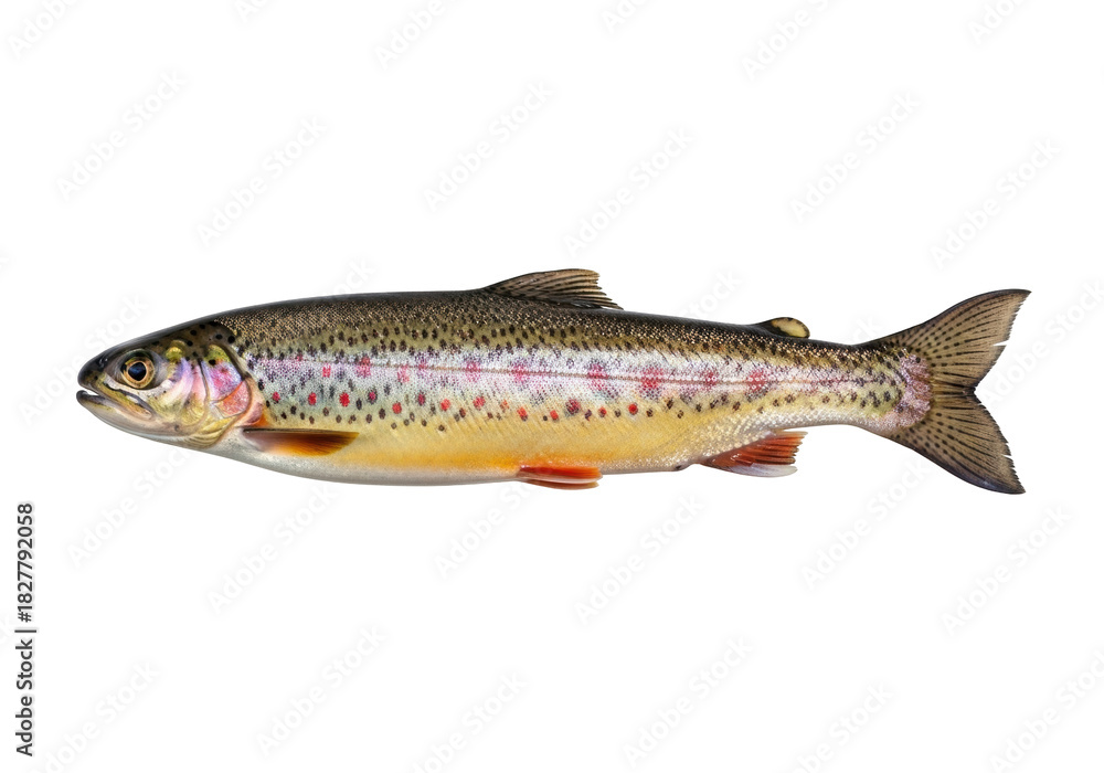 Naklejka premium Isolated brown trout, a freshwater fish species with many dark spots and yellowish sides