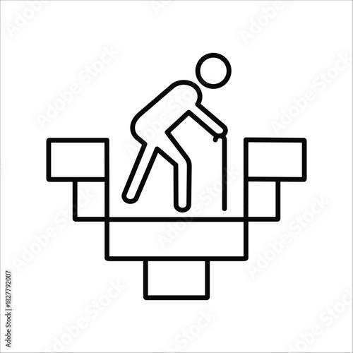Vector illustration of a senior citizen with a cane carefully walking on an abstract obstacle course, symbolizing aging, mobility issues, and determination