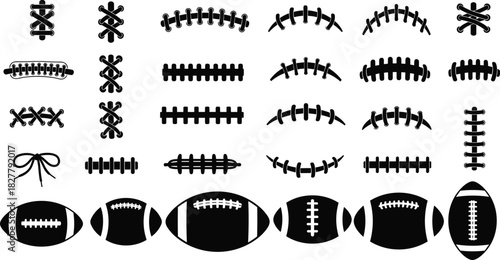 Vector Silhouette Set of American Football Ball Laces and Stitch Patterns for Sports Team Logos and Jersey Design Elements