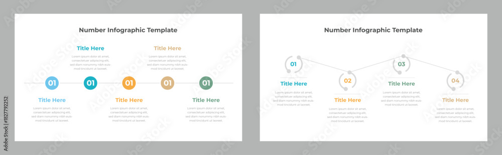 Fototapeta premium Numbered Business Presentation Two SidebySide Infographic Templates Displaying Process and Timeline with Four Steps Each