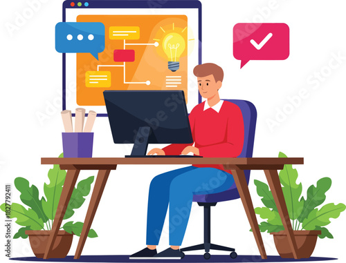 Man working on computer at desk with plants and digital interface showing tasks and communication