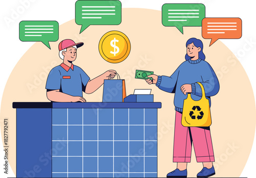 Customer pays for groceries with cash at a checkout counter with a cashier and shopping bag