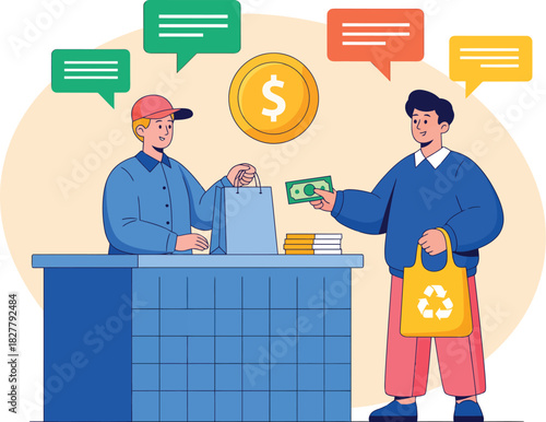 Customer pays with cash at a counter with a cashier and a child standing nearby