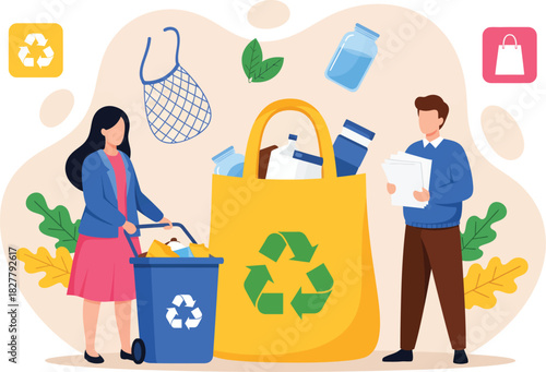 People sorting and collecting recyclable materials into a large yellow bag and blue bin for environmental protection