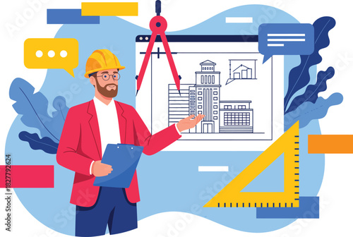 Architect or engineer presenting building plans with construction tools and communication bubbles